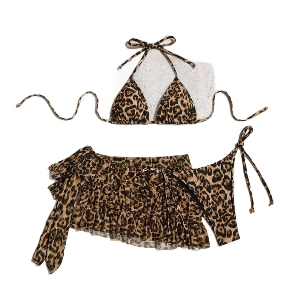 Leopard Print 3-Piece Bikini Set for Women Sexy Swimsuit Beach Party Swimwear Summer Tankini Beach Wear